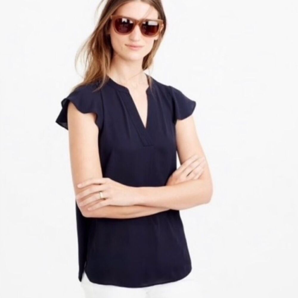J. Crew Women's Flutter Sleeve V-Neck Blouse Blue Casual Top S